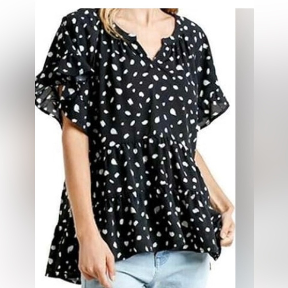 UMGEE Dalmatian Print Speckled Ruffle Peplum Blouse Black and‎ White Size Medium